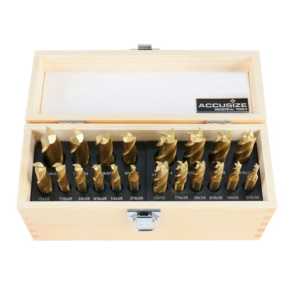Accusize 20 Pc Hss Tin Coated End Mill Set, 2 Flute and 4 Flute, Cutting Diameter from 3/16'' up to 3/4'', 1810-0100