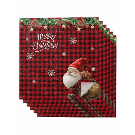 

Red Plaid Christmas Gnomes Cloth Napkins Set of 6 Xmas Tree Snowflake Botanical Washable Reusable Dinner Cocktail Napkin for Kitchen Party Wedding Banquet Holiday Baby Shower Table Decor