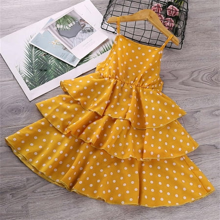 

BLTIBY Girl s Kids Spaghetti Strap Dresses Beach Dress Cute Tiered Cami Tank Dress Sleeveless Round Neck Polka Dot Printed Skirts for 3-12 Years Yellow 7-8 Years
