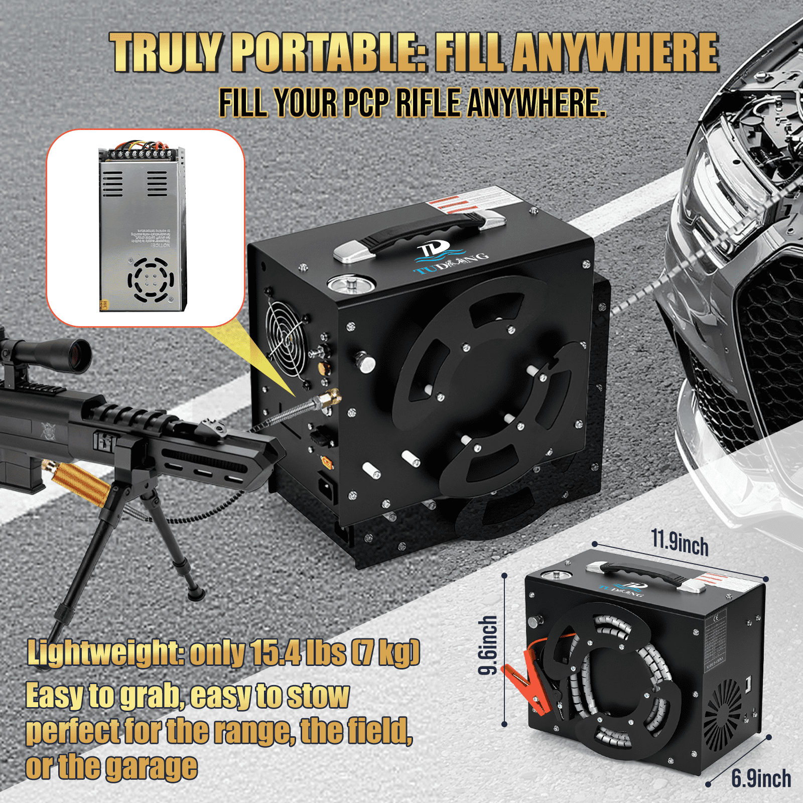 TUDIVING 4500 PSI PCP Air Compressor, Auto-Stop Portable Air Pump, 12V DC/110V AC with Built-in Converter for PCP Air Rifles