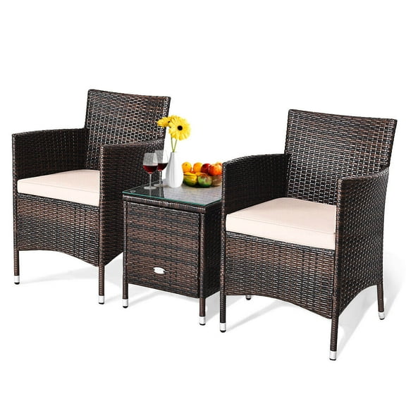 Amijoy Patio Furniture Set of 3 with Removable Cushions, Tempered Glass Square Table with 2 Wicker Chairs