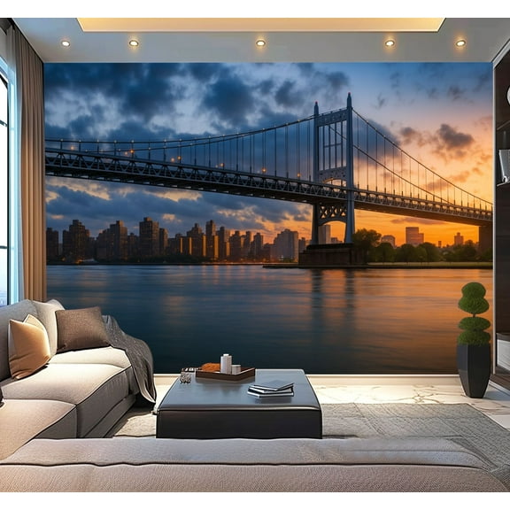 Peel and Stick Wallpaper Waterproof Triboro Bridge sunset Wall Mural Decor Self Adhesive and Removable 100in x 144in