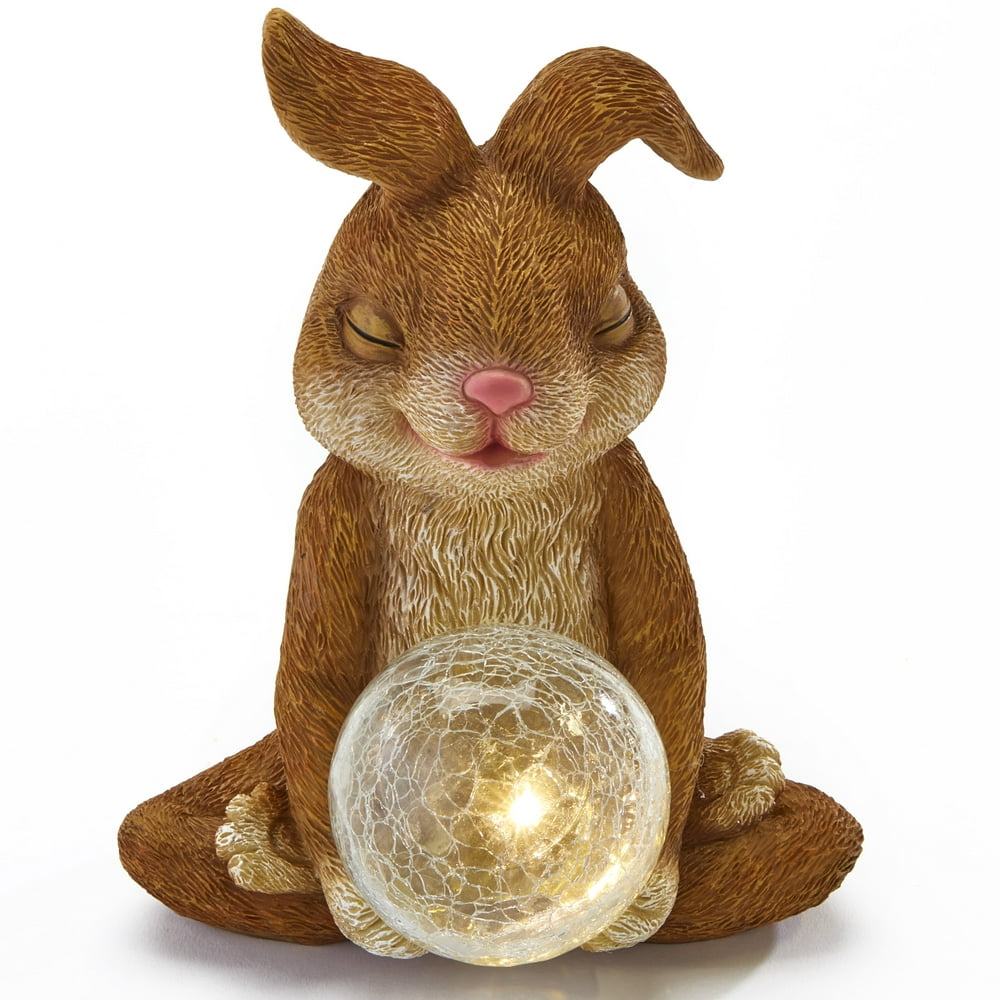 Meditation Pose Bunny Statue with Solar Glass Ball Lighted Garden
