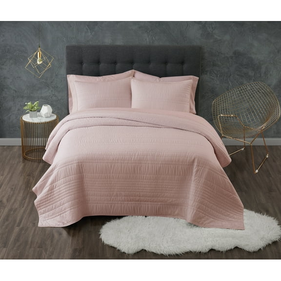 Truly Calm Antimicrobial 100% Microfiber Polyester Blush 3-Piece Full/Queen Quilt Set, Solid Casual themed, Adult Bedding, OEKO-TEX Certified