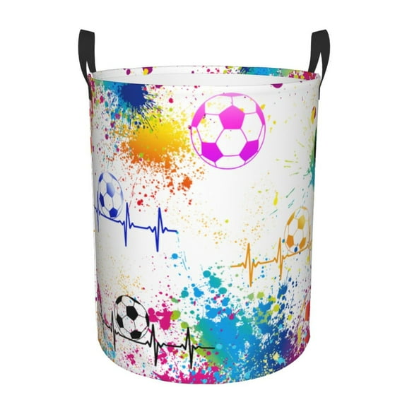 Soccer Ball Circular Laundry Hamper With Handles, Collapsible Canvas Organizer Basket For Dirty Clothes, Storage Or Bedroom