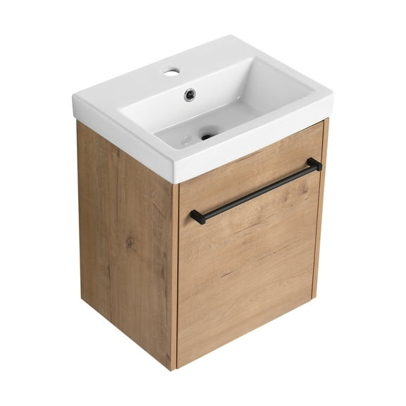Noble House 18" Floating Bathroom Vanity, Ceramic Sink, Plywood Soft-Close Door, Small Bath Storage, Imitative Oak