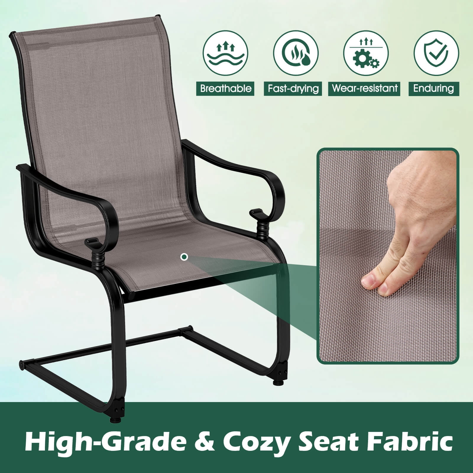 Costway Set of 2 Patio Chairs C-Spring Motion Chairs with Quick-drying & Breathable Fabric Gray