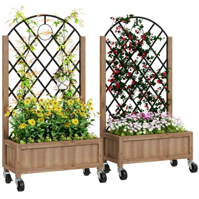Outsunny Bac de Jardin Surélevé avec Treillis en Métal, Jardinière Surélevée, Brun