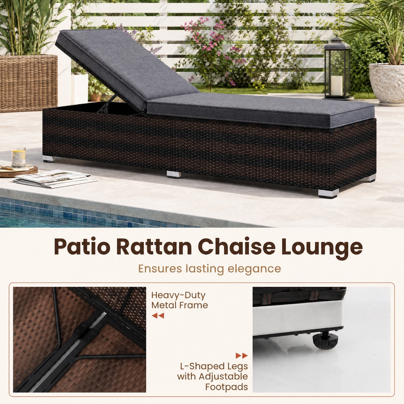 Furnibear Patio Wicker Lounge Chair with 4 Level Adjustable Backrest Long Seat Cushion PE Rattan Weave and Metal Frame for Poolside, Brown