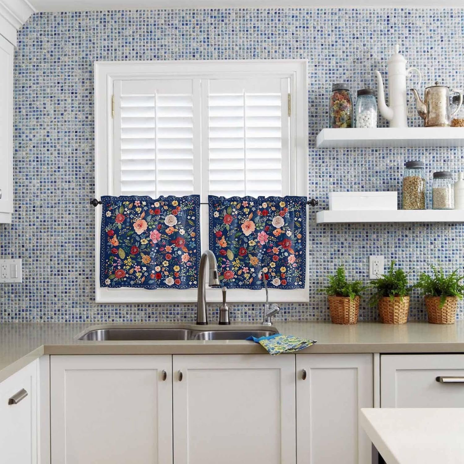 Flowers Blue Kitchen Curtains and Valances Set, Rod Pocket Curtains Tier Farmhouse Window Curtains 36 Inch Length, Summer Floral Leaves Farmhouse Retro 3 Piece Kitchen Curtains Set
