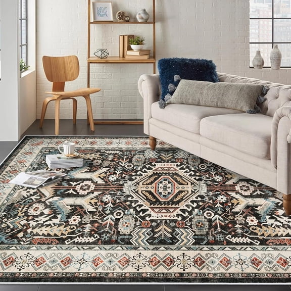 Washable Living Room Runner Rug - 5'x7 'Large Bedroom Rug Distressed Oriental Non-Slip Non-Shedding Print Floor Carpet for Dining Room Kitchen (Black, 5 x 7)