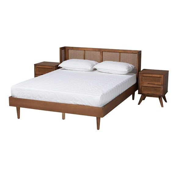 Baxton Studio Ash Walnut Finished Wood 3-Piece Full Size Bedroom Set with Synthetic Rattan
