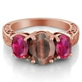 thumbnail image 2 of Gem Stone King 3.20 Ct Oval Red Tiger Eye Red Created Ruby 18K Rose Gold Plated Silver Ring (Size 5), 2 of 3