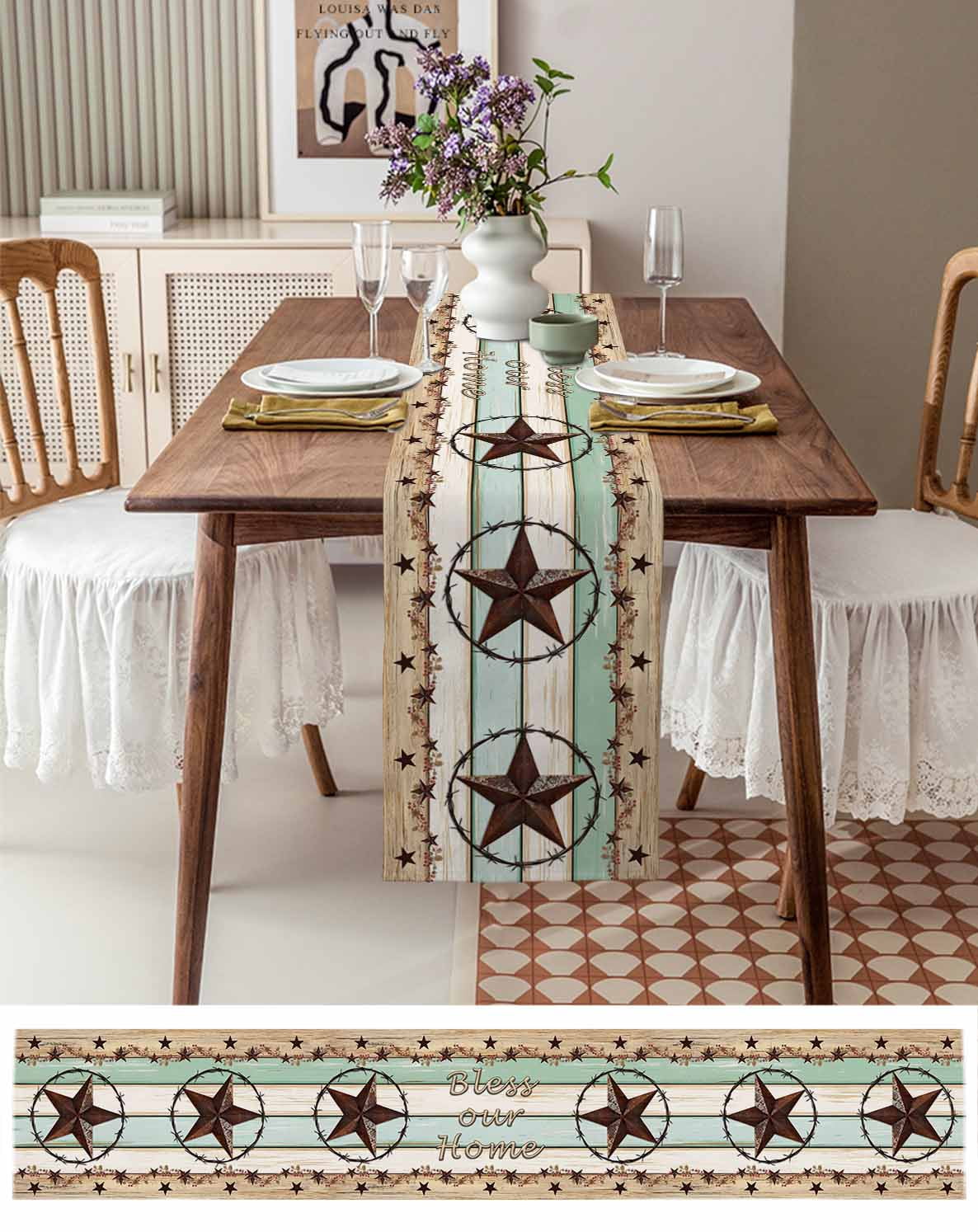nqOlkjepod Western Texas Star Green Table Runner 72 Inches Long Farmhouse Dress Scarves, Farmhouse Brown Country Vintage Dining Tablerunner for Coffee Table/Kitchen Island/Party Décor, 13" x 72"