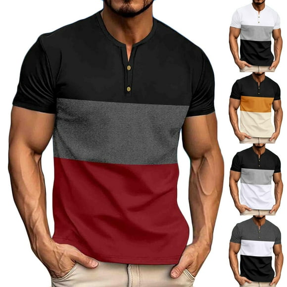 breaise Mens Casual T Shirts Short Sleeve V Neck Henley Shirt Button Color Block Muscle Tshirts Summer Beach Tee Tops