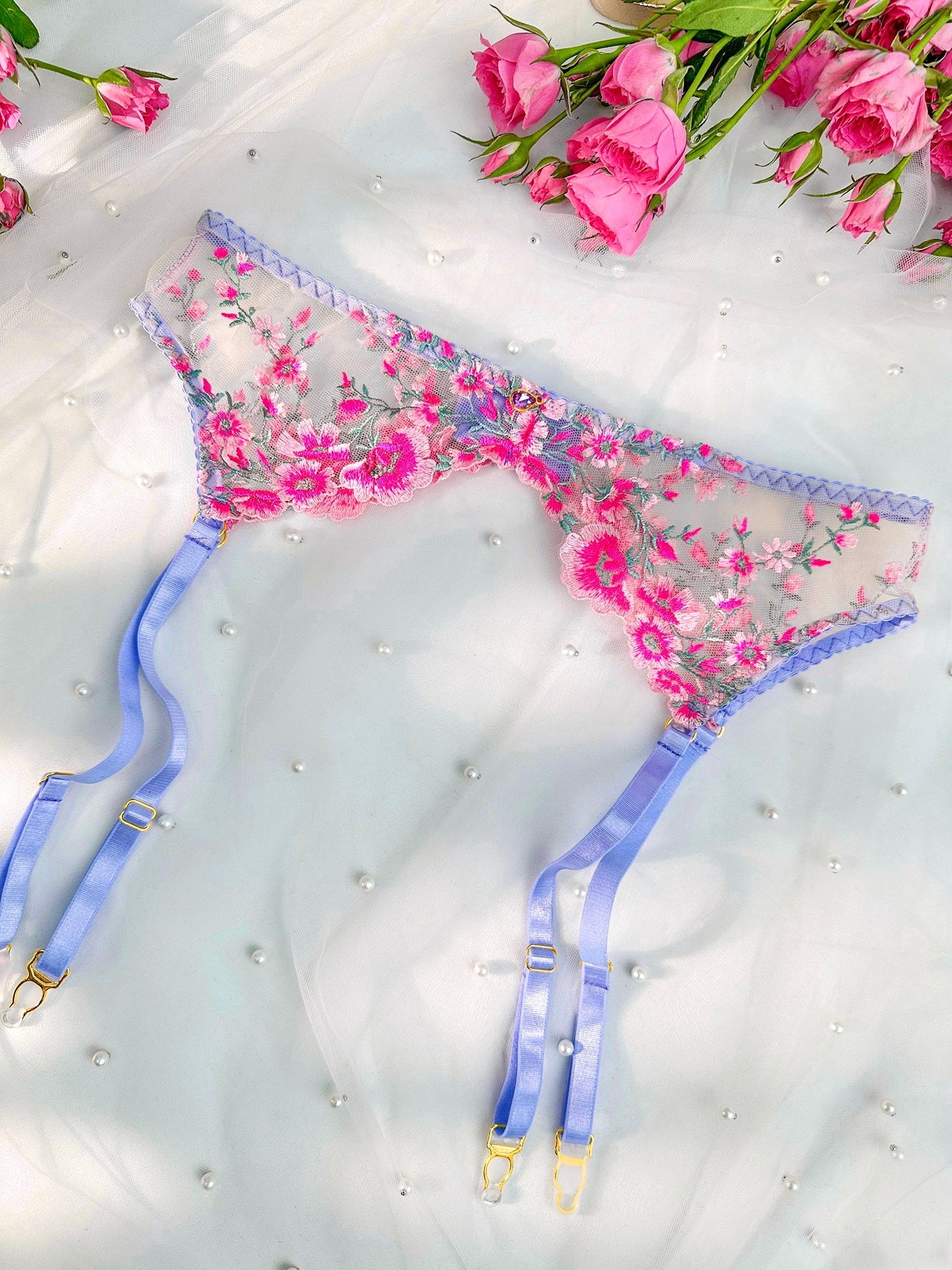Fantasy Pink Bloom Embroidery Lingerie Set (PINK, M)