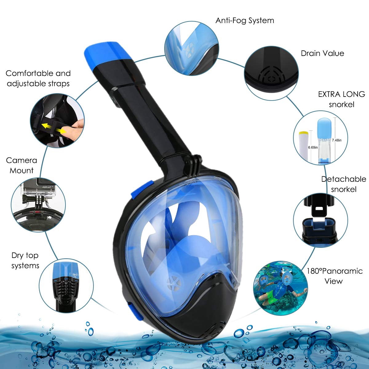 Bfull Adjustable Head Straps Anti-Fog Snorkeling Mask with Action Camera Mount Snorkels, Blue/Black