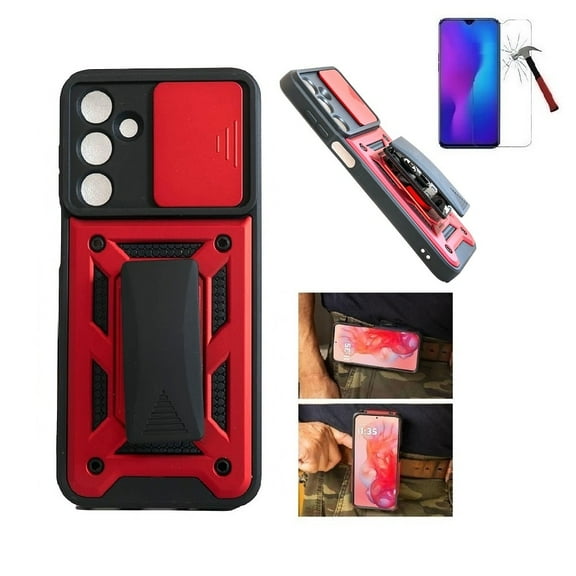 For Samsung Galaxy A15 5G Case, Shockproof 360-Degree Rotating Belt Clip Kickstand Case with Sliding Camera Cover    Tempered Glass (Red)