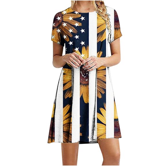 OAVQHLG3B American flagSummer Dress for Women 4th of July Outfits for Women Summer Casual Boho Crewneck Short Sleeve Round-Neckl Print Beach Mini Dress
