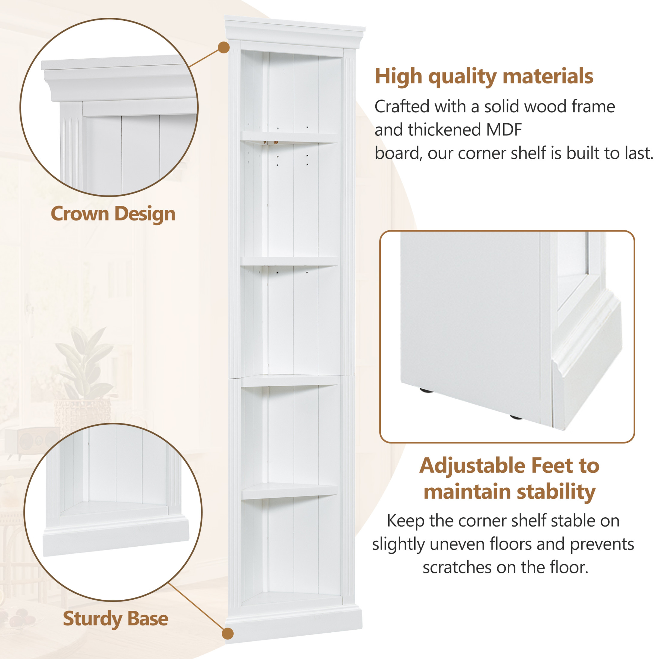 GDF Studio Kassi 83.4" 5-Tier Modern Corner Shelf & Bookcase with Adjustable Shelves, Open Plant Display Stand, White