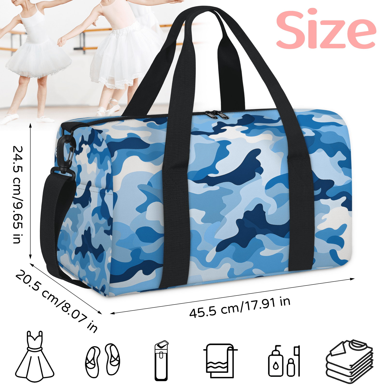 Herdesigns Blue Gym Bag for Women, Duffle Bag for Travel Sport, Camo Lightweight Waterproof Carry on Weekender Dance Yoga Workout Bags
