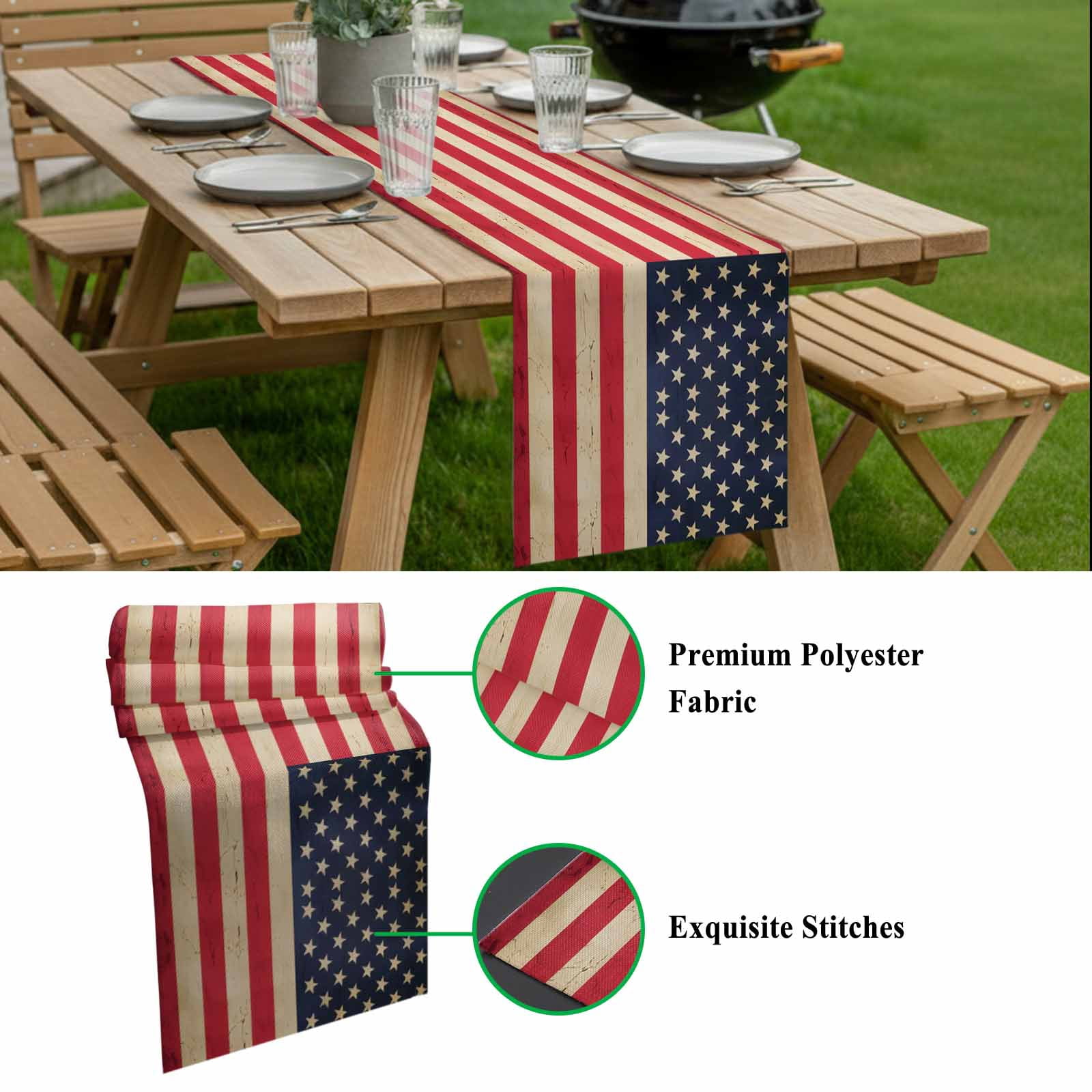 Vintage American Flag Table Runner-70 Inch Long Red White Striped Table Runners Linen Burlap Tablerunner for Kitchen Dining Room Holiday Party