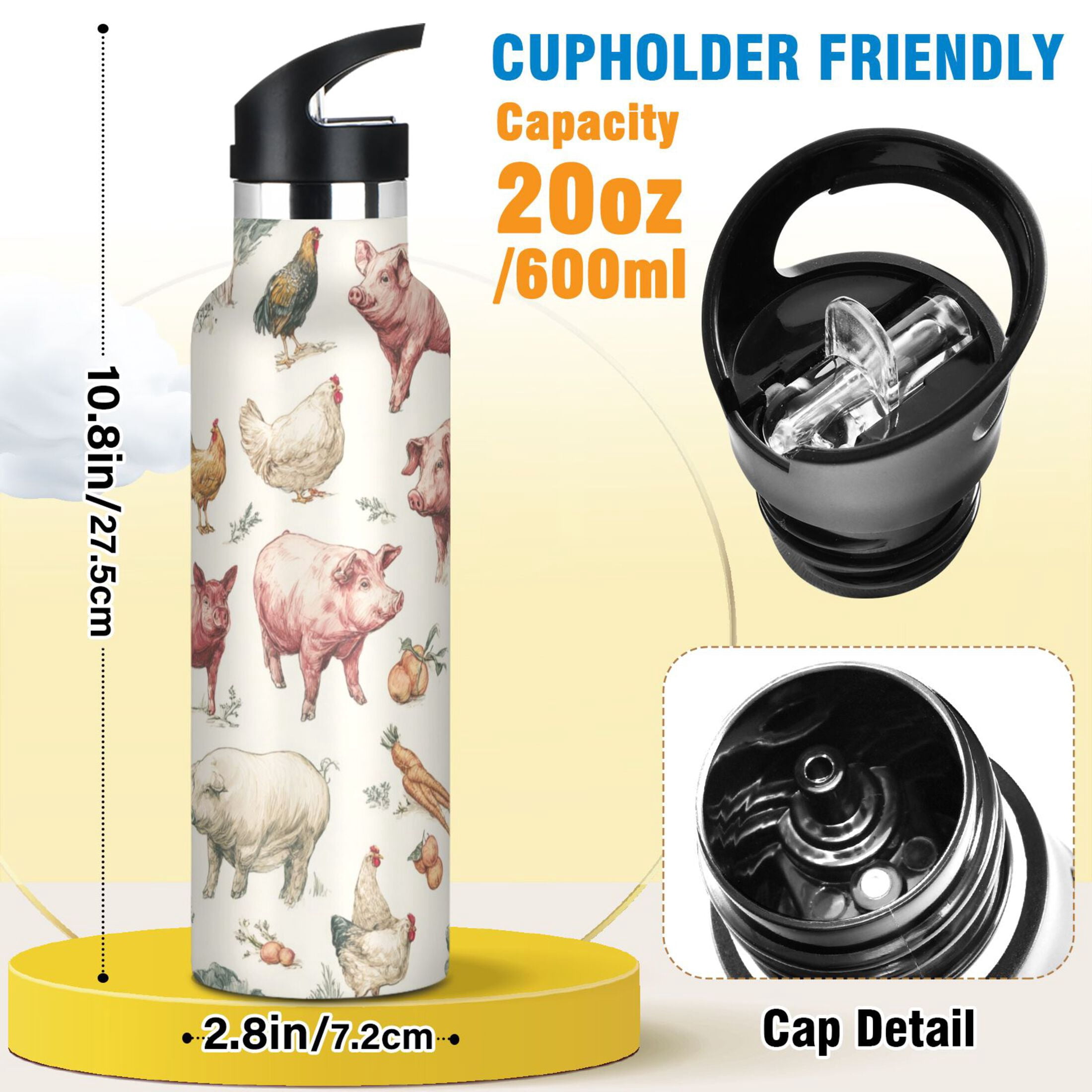Kids Insulated Stainless Steel Sports Water Bottle 600ml Watercolor Farm Animals