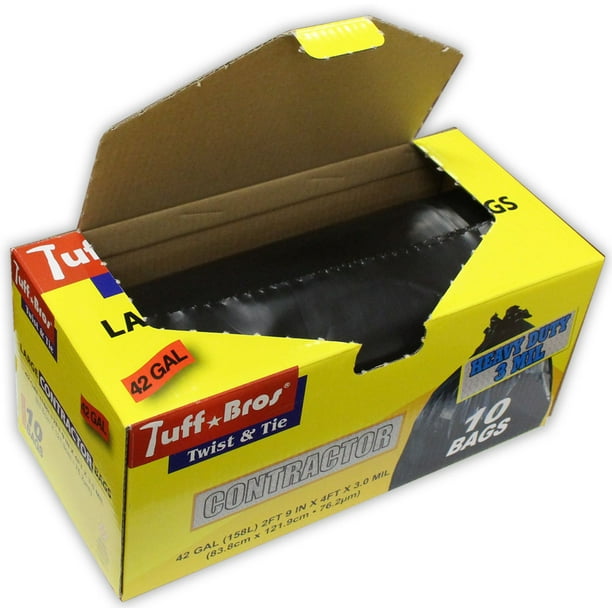 Box of 10 Heavy Duty 3 Mil Thick Contractor Trash Bags In 42 Gallon Size