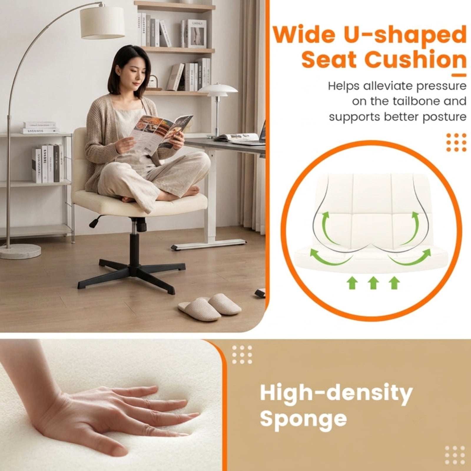 Furnibear PU Leather Upholstered Cross Legged Armless Office Chair with Oversized U Shaped Seat Swivel Rolling Vanity Desk Chair, Beige