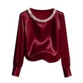 thumbnail image 3 of Women's Satin Long Sleeve Blouse Top Shirt with Pearl Embellished Round Neck Solid Color Elegant for Business Casual Work Office Commuting Outfits Fashion Essential Gift for Women, 3 of 9