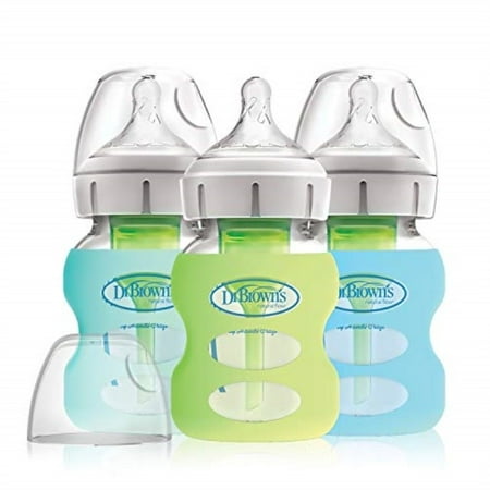 Dr. Brown\'s Options+ Wide-Neck Glass Baby Bottles in Silicone Sleeve, Mint/Green/Blue, 5 Ounce, 3