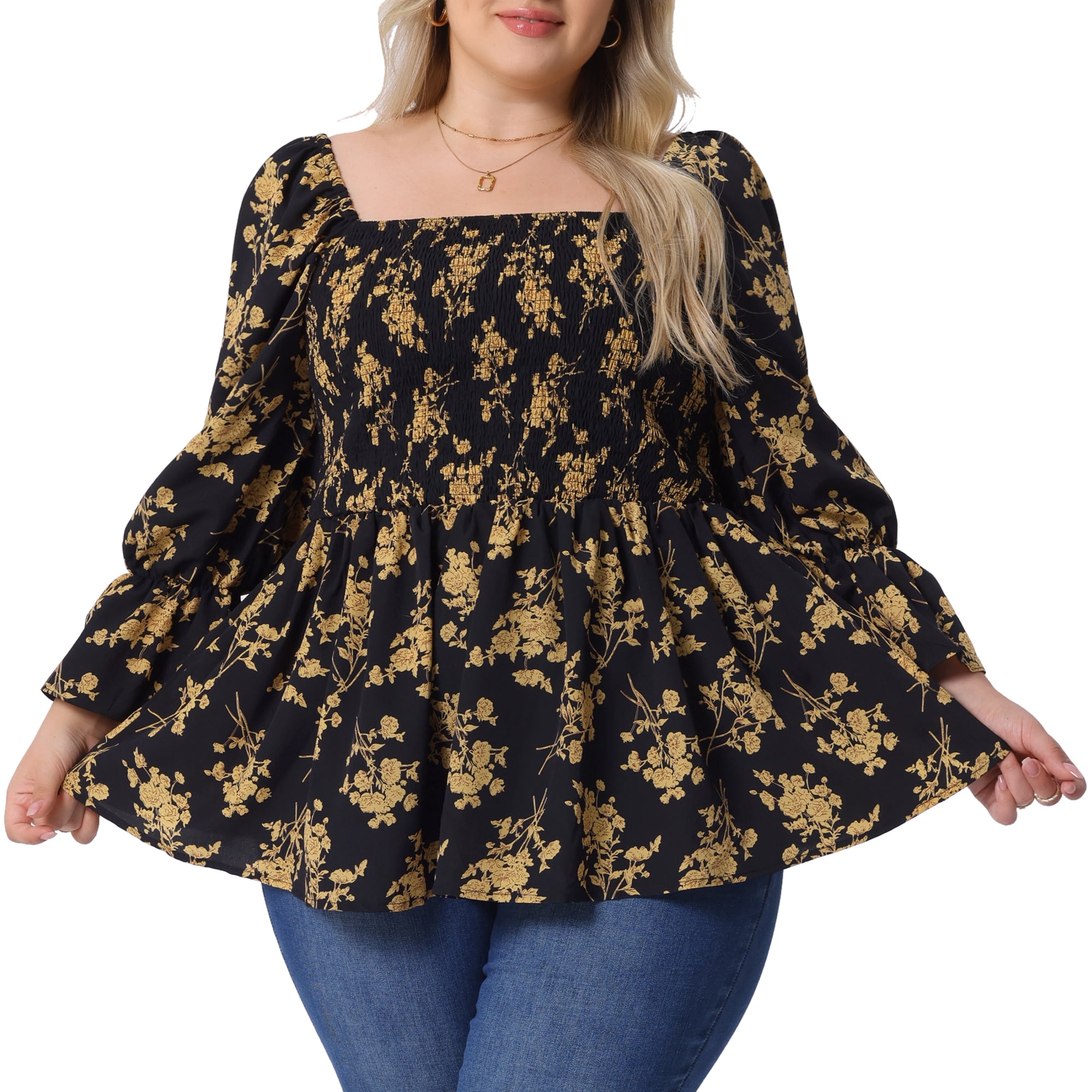 DARING DIVA Women's Plus Floral Print Square Neck Blouse 2X Black