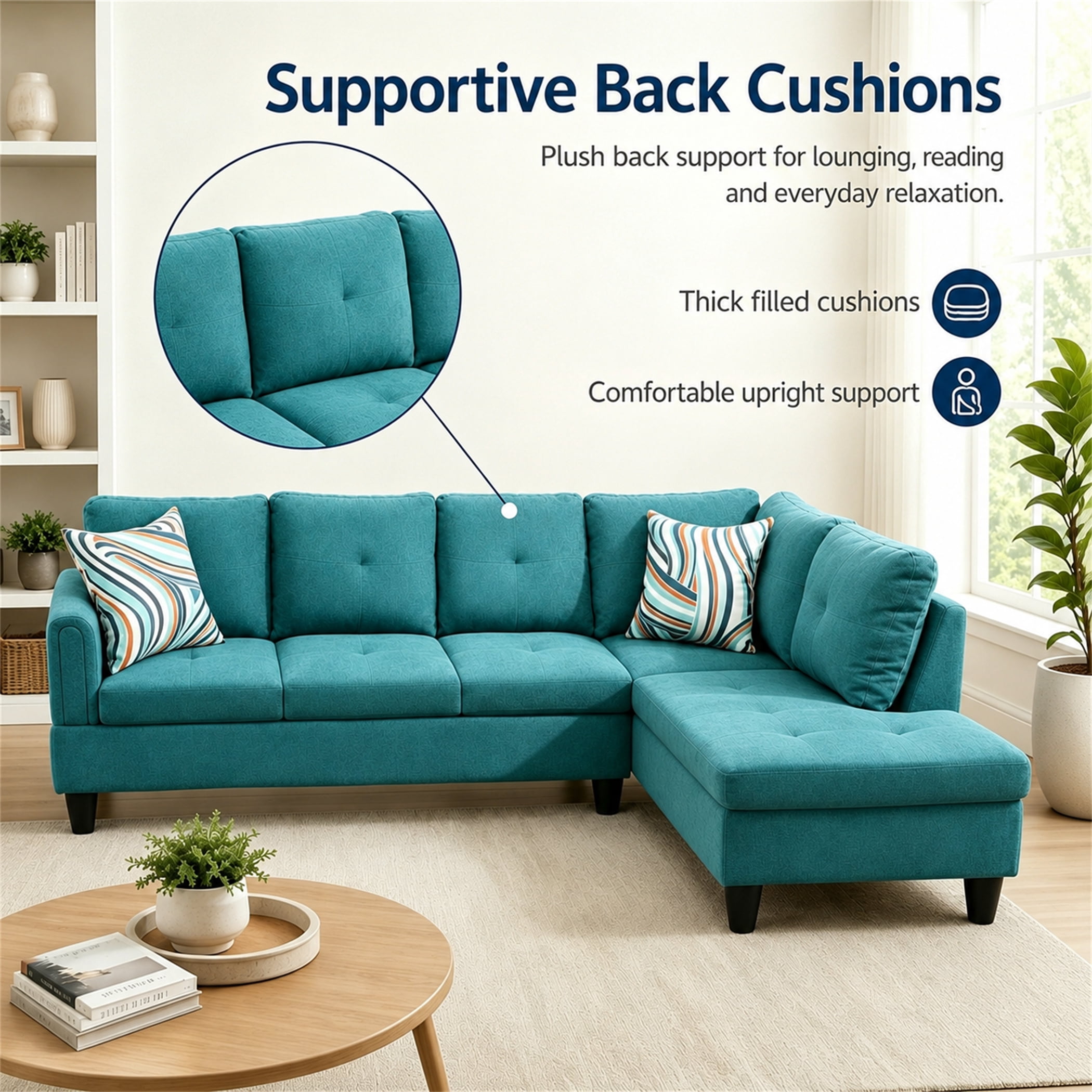 Aukfa 97" Classic Sectional Sofa 4 Seat L shape Couch with Oversized Right Chaise for Living Room, 2Pillows, Linen, Aqua Blue