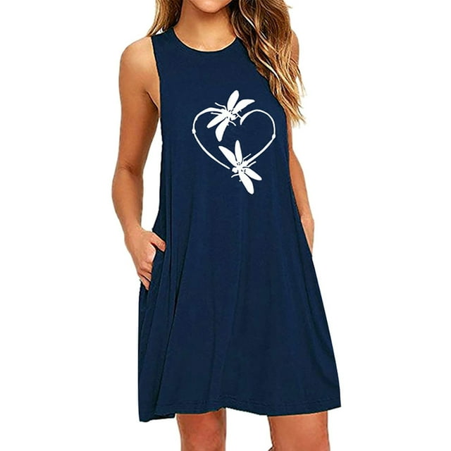 Tendances Automne 2023 Femmes Robe de Nuit Décontractée Sans Manches à Col Rond avec Poches Imprimées Marine Xxxxl