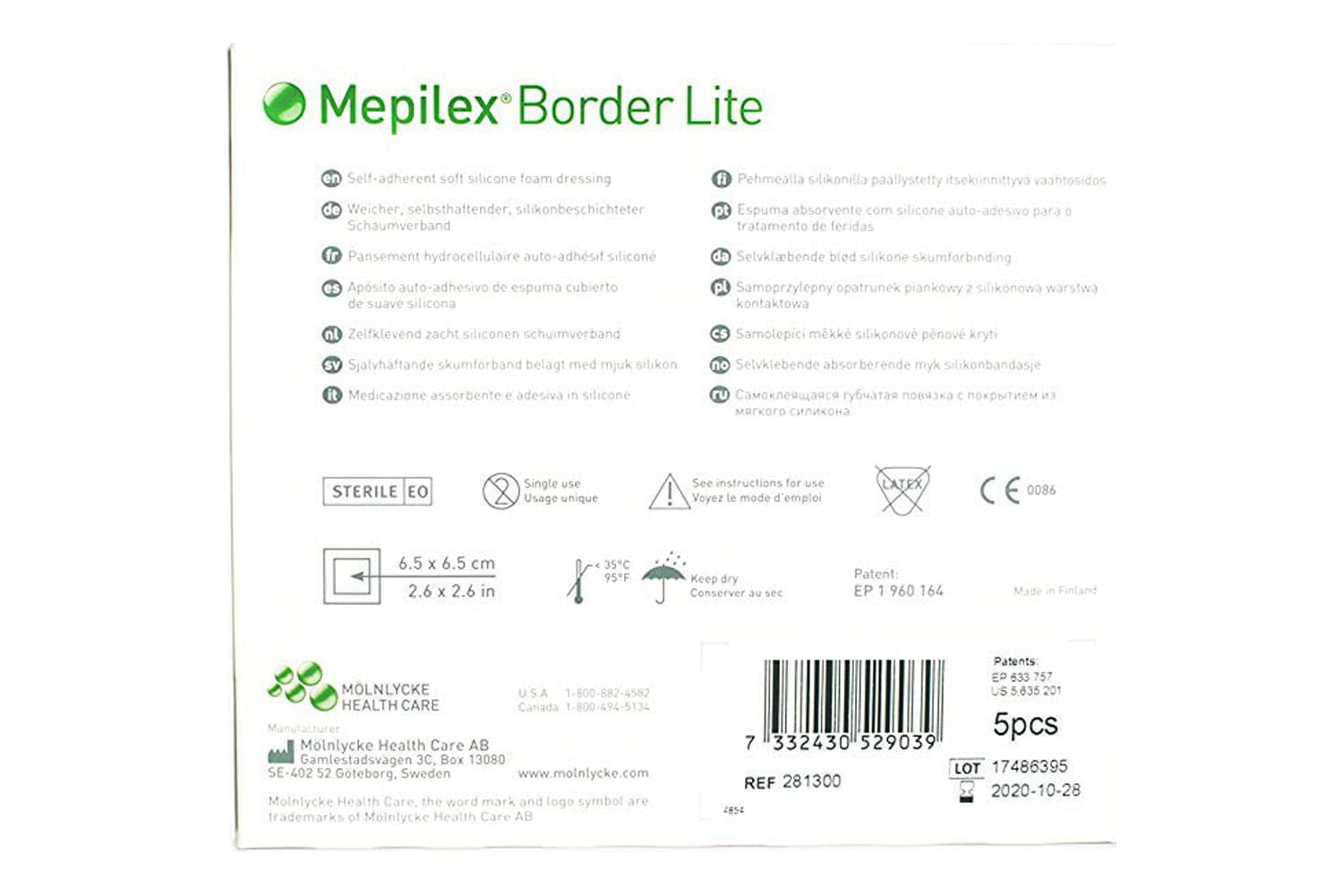 Mepilex Border Lite Foam Dressing, 4" X 4" Square, Molnlycke 281300 - Box of 5