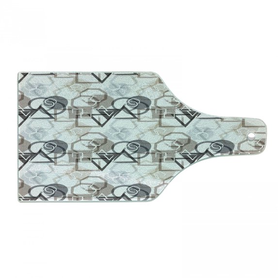 Abstract Cutting Board, Modern Pattern with Triangles Squares Plygons Circles Grunge Composition, Tempered Glass Cutting and Serving Board, Wine Bottle Shape, Grey Black Cocoa, by Ambesonne