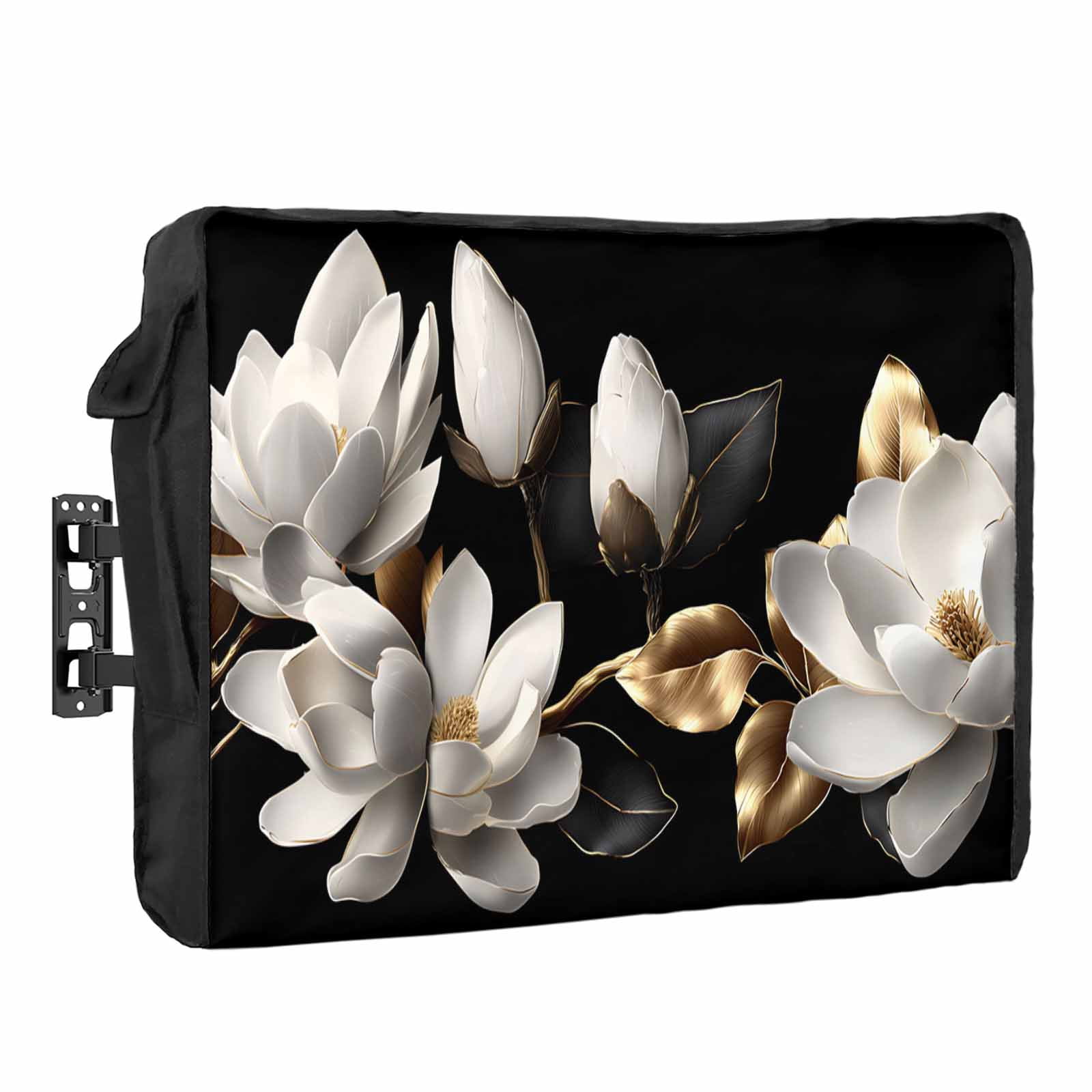 Magnolia Blossoms Outdoor TV Cover Vintage White Floral Gold Black Leaf Waterproof Weatherproof TV Screen Protector with Remote Control Pocket for 40 to 43 Inch Television Outside