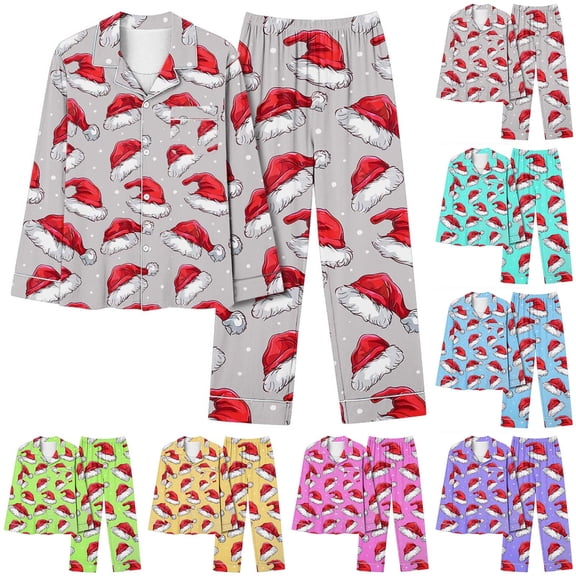 Feancey Womens Christmas Pajamas Sets Fall Outfits Santa Claus Hat Print Sleepwear Button Down Shirts and Pants Pjs 2 Piece Set Loungewear Outfit Mint Green S