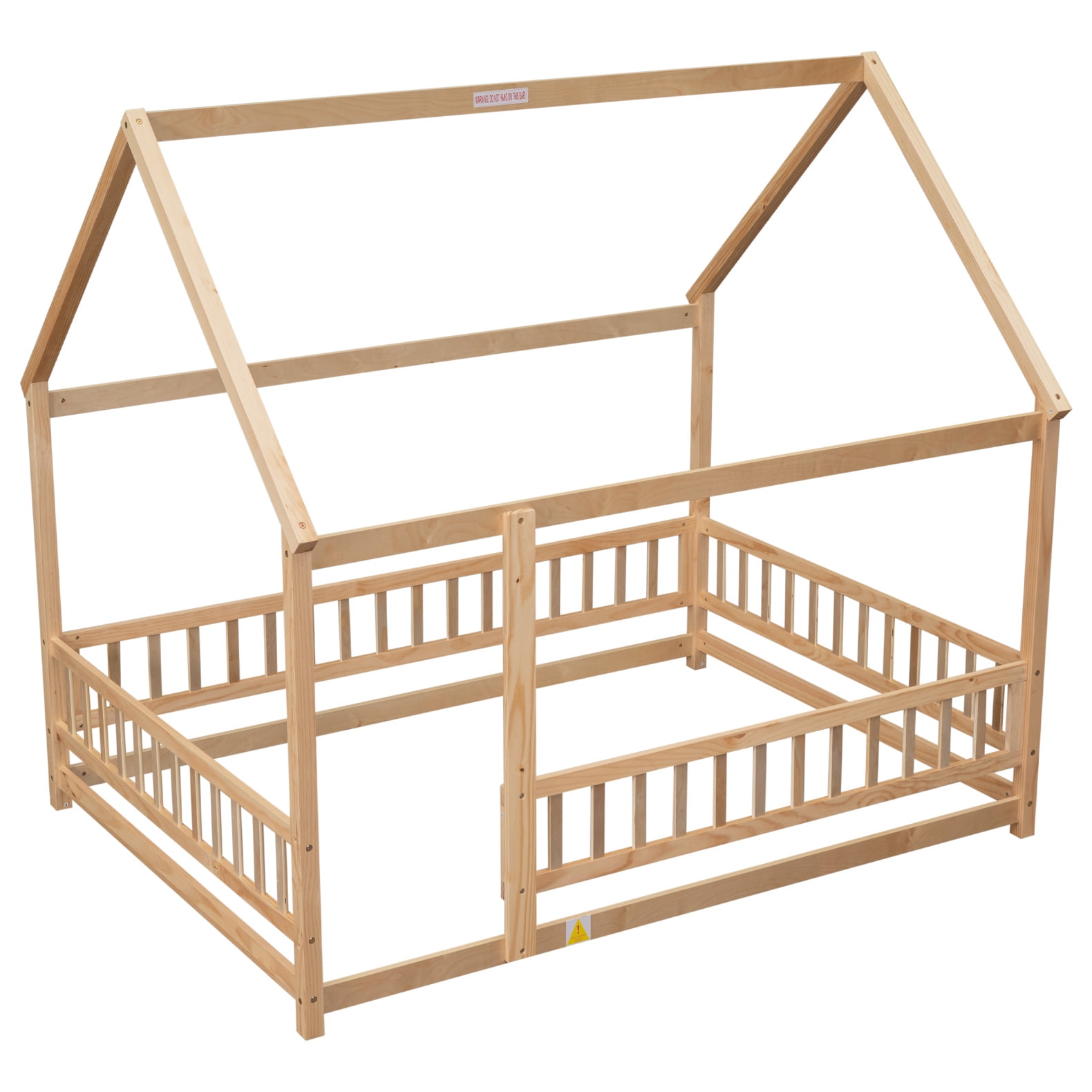 Full Size Floor Bed Frame for Kids,Montessori Floor Bed with House Roof Frame and Fence Guardrails,Low Wooden Playhouse Bed for Girls and Boys,Natural