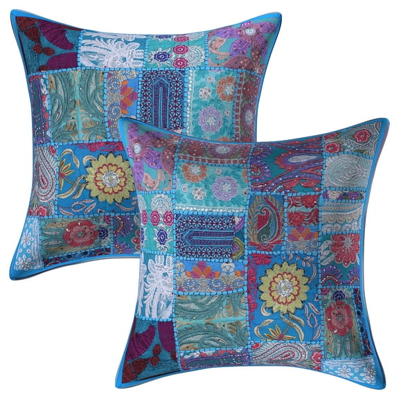 Stylo Culture Ethnic Cotton Living Room Throw Pillow Covers Turquoise 20 x 20 Bohemian Vintage Patchwork Ethnic Sofa Cushion Covers 50x50 cm Decorative Abstract Square Pillow Cases | Set Of 2