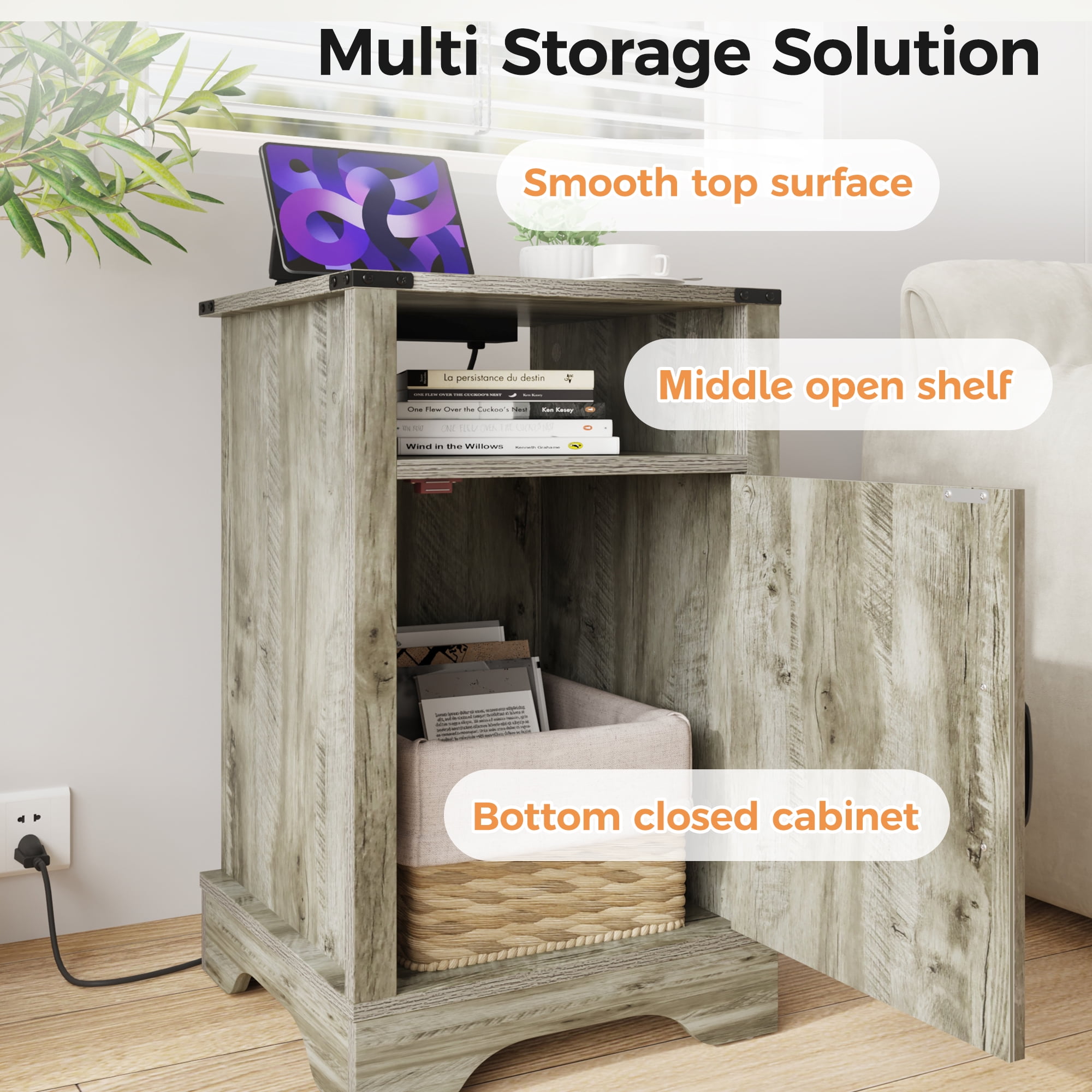 Heynemo 2Pcs Farmhouse Nightstand with Charging Station, Wooden Rustic Tall Bedside Table, for Bedroom, Living Room, Light Gray