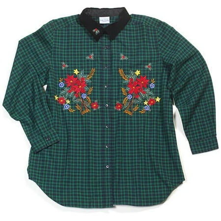 Poinsettia Embroidered Denim Shirt