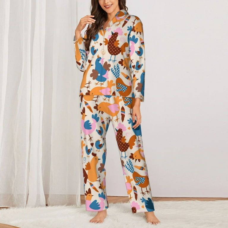 Pajamas for Women Set Cute Chickens Soft Comfy Long Sleeve Button Up Pajama Sets for Women 2 Piece Sleepwear Nightwear Pjs Lounge Sets for Women with Pockets Walmart
