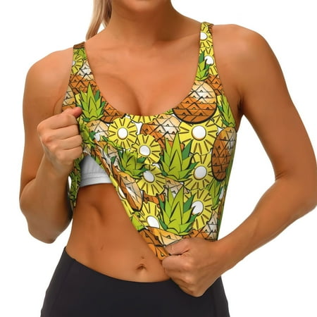 Qokaie Tropical Summer Fruit Pattern Womens Scoop Neck Sports Bra Breathable Workout Vest Padded U Back Medium Impact Fitness Gym Yoga Bra Workout Crop Top