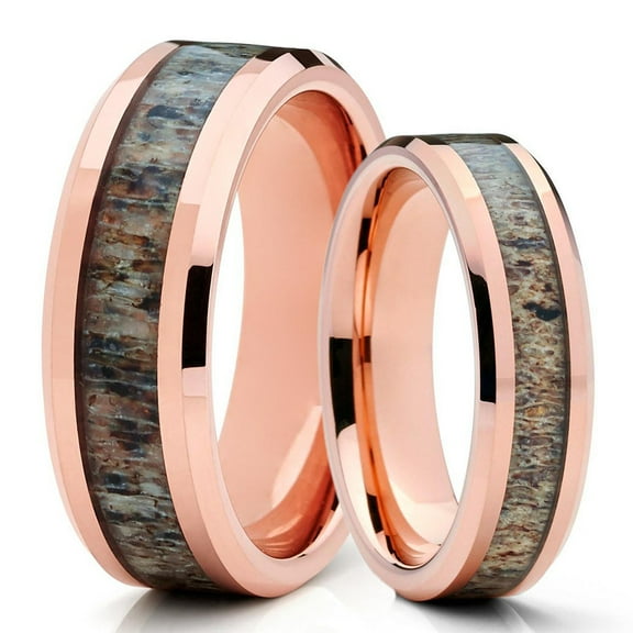 His and Hers Deer Antler Wedding Band - Rose Gold Tungsten - Deer Antler Ring - 6mm & 8mm