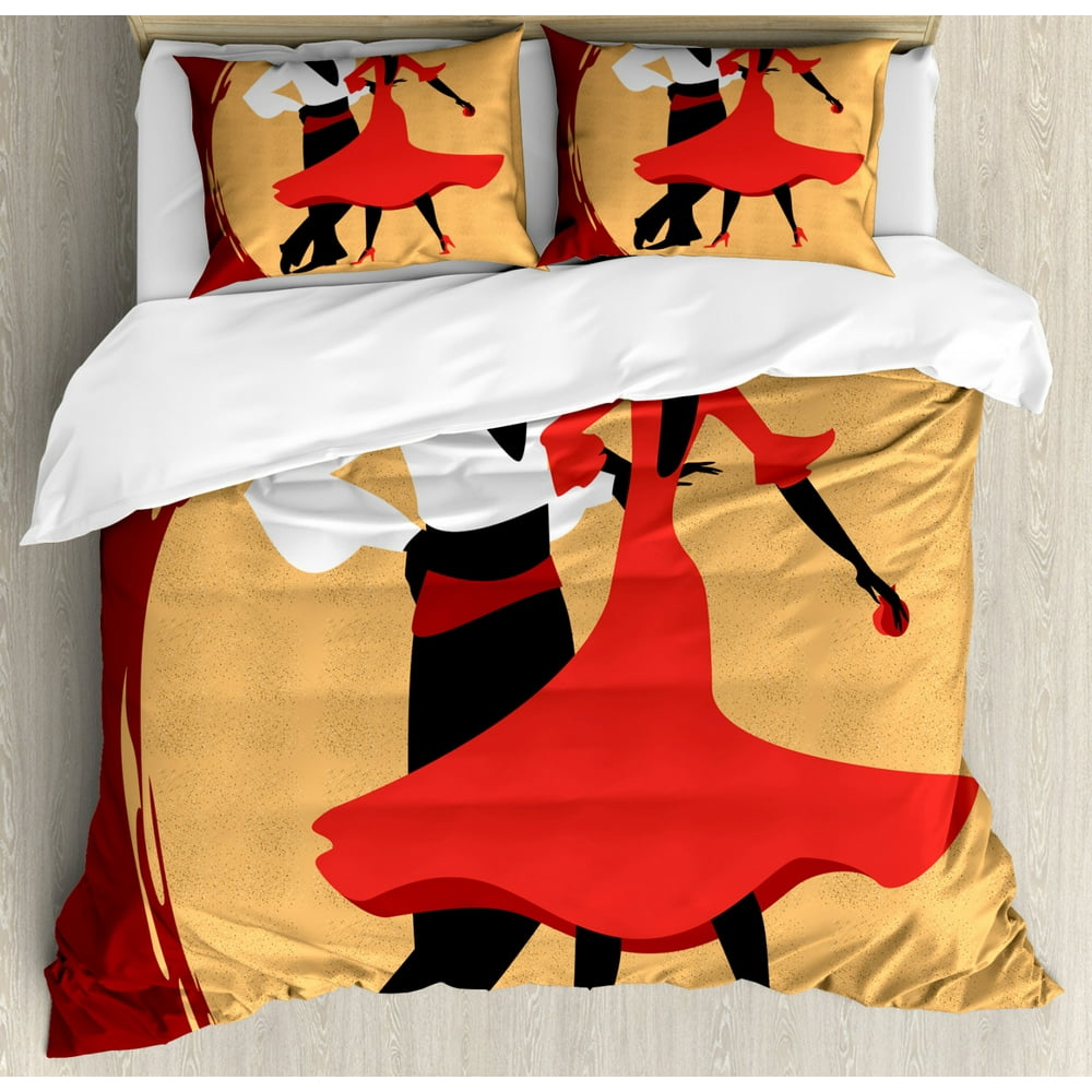 Spanish Duvet Cover Set Queen Size, Spanish Dancers in Folk Dress Silhouettes Passion