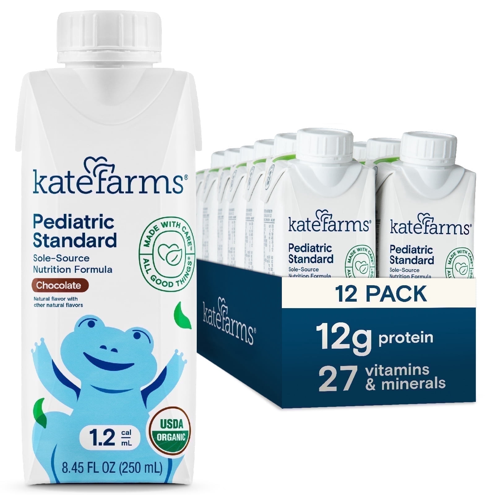 Kate Farms Organic Pediatric 1.2 Nutrition Shake, High Calorie, Chocolate, Plant-Based, 12g Protein, 8.45 fl oz (12-Pack)