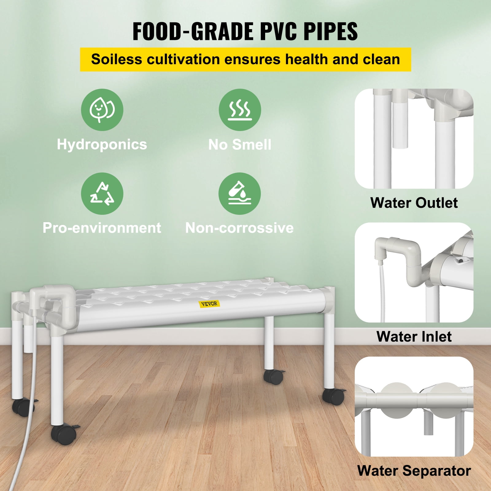 VEVOR Hydroponic Site Grow Kit 1 Layer 36 Plant Sites, 4 PVC Pipes Hydroponic Indoor Plant Growing System, Food-Grade Pipe Plant Grow Kit with Water Pump and Timer