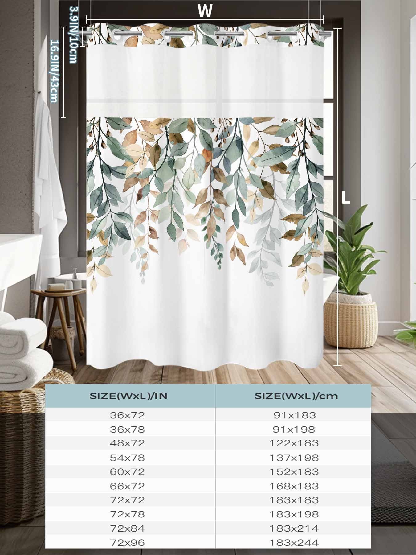 No Hook Shower Curtains with Snap-in Liner Set, Green Brown Botanical Waterproof Hotel Style Bathroom Shower Curtain, Farmhouse Eucalyptus Leaves Breathable Mesh Top Window Bath Curtains 72''x72''