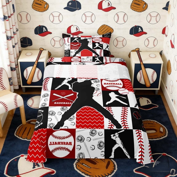 Erosebridal Red Black Baseball Twin Sheet Sets, Sport Bedding for Boys and Girls, 3 Pieces, 1 Flat Sheet, 1 Fitted Sheet and 1 Pillowcase